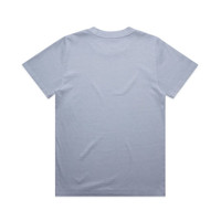A pale blue t-shirt featuring a basic crew neckline and short sleeves, with a branding logo on the back.