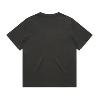 A faded black t-shirt with short sleeves and a casual fit, featuring a logo on the back.