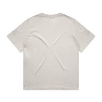 A beige t-shirt with a relaxed fit and a subtle textured appearance on the back. It has a logo.