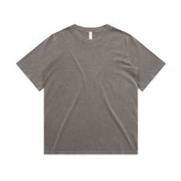 A grey faded T-shirt with a relaxed fit and short sleeves. It features a simple design and has a logo.