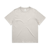 A beige heavy faded t-shirt with a classic crew neckline and short sleeves, featuring a branded label inside.