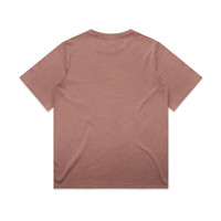 A faded pink t-shirt featuring a loose fit and short sleeves, with a logo on the back.