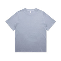 A light blue, heavy faded T-shirt featuring a classic crew neck design and a branding label.