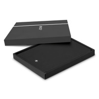 A black A5 notebook, presented in an elegant box, features a logo and a sleek design suitable for office use.