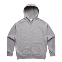 A grey zip-up hoodie with a hood and front pockets, featuring a logo.