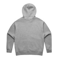 A grey hooded jumper with a spacious hood and long sleeves, featuring a branded logo on the back.
