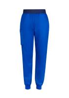 Slim leg jogger scrub pants in vibrant blue with an elastic waistband and side pocket. Features a logo.