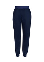 A pair of navy slim leg jogger scrub pants with an elastic waistband and side pocket.