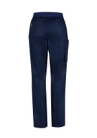 Navy women's scrub pants featuring a straight leg design and a side pocket, with a logo on the back.