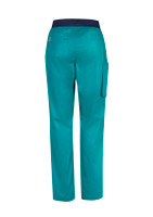 A pair of teal women's straight leg scrub pants featuring a back pocket and a navy waistband.
