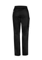 Black women's straight leg scrub pants featuring a back pocket and a side cargo pocket. Includes a branding logo.