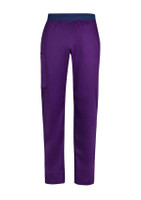 A pair of purple straight leg scrub pants featuring an elastic waistband and a side pocket.