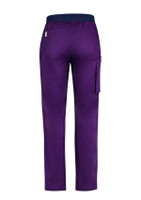 Purple straight leg scrub pants featuring a back pocket and side cargo pocket, with an elastic waistband.