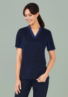 A navy women's scrub top featuring a V-neck, short sleeves, and a front pocket. The design includes contrasting detailing.