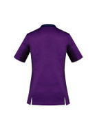A purple women's scrub top with short sleeves and side slits, featuring a logo on the back.