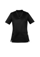 A black women's scrub top with short sleeves, a v-neck, and side pockets. It features a logo on the front.