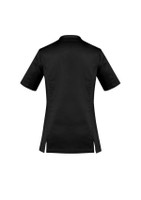 A black Women's Riley Stretch Scrub Top with short sleeves and side slits, featuring a logo.