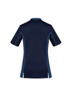 A women's scrub top in navy blue with short sleeves and side panels. The top features a logo.