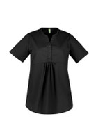 A black women's tunic scrub top featuring a buttoned placket and short sleeves with a gathered waist.