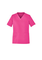 A unisex pink V-neck scrub top featuring short sleeves and multiple pockets.