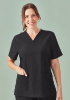 A black women's V-neck scrub top with short sleeves, featuring a front pocket and a subtle branding logo.