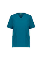 A teal women's V-neck scrub top with short sleeves and two front pockets. The top features a logo.