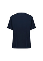 A navy women's V-neck scrub top with short sleeves and a simple design. Features a logo on the back.