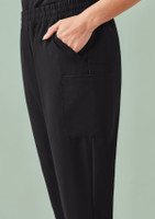 A pair of black women's jogger scrub pants featuring side pockets and an elastic waistband.