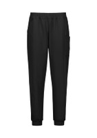 A pair of black jogger scrub pants with pockets and a fitted cuff at the ankles.