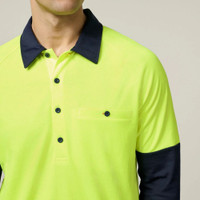 High visibility yellow polo shirt with dark collar and cuffs, men's workwear.