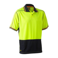 Yellow and navy hi-vis polo shirt with short sleeves and collar.
