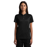 A black polo shirt for workwear with a collar and buttons, featuring a logo on the chest.