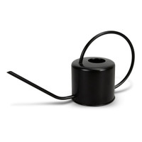 A black watering can with a long spout and an elegant handle, featuring a simple, modern design.