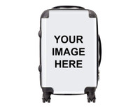 A wheeled carry-on suitcase in white with black accents and a logo. Features a handle and wheels for easy transport.