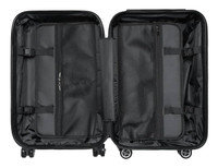 A black wheeled suitcase interior featuring two compartments with mesh pockets and straps for organisation.