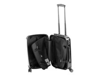 A black wheeled carry-on suitcase with a telescopic handle, open to reveal its interior compartments.