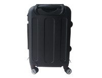A black wheeled carry-on suitcase with a sturdy handle and smooth-rolling wheels, featuring a logo.