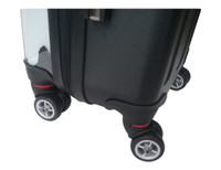 A black wheeled carry-on suitcase featuring four spinner wheels for easy manoeuvrability and a textured finish.