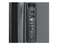 A close-up of a black carry-on suitcase's combination lock panel, featuring dials and buttons.