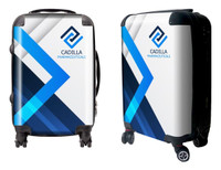 A wheeled suitcase in white and blue with a logo and geometric design. Features two wheels and a telescopic handle.