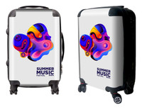 A wheeled suitcase featuring a vibrant, abstract design with multiple colours. It has a logo and branding on the surface.