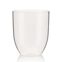 A clear, stemless plastic wine glass with a sleek design and a slight taper at the base.