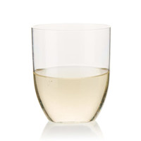 A stemless, shatterproof wine glass in clear Tritan™, filled with light-coloured liquid.