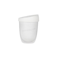 A double wall cup in clear plastic with a white lid, featuring the brand logo on the side.