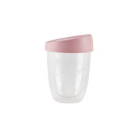 A drink bottle with a clear body and a pink lid, featuring a double wall design for insulation.