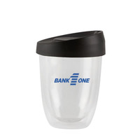 A drink bottle featuring a clear double wall design with a black lid and a logo. Suitable for reusable coffee.
