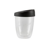 A drink bottle featuring a transparent body with a black lid. It has a logo on the front.