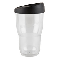 A drink bottle featuring a clear body and a black lid, designed as a double wall cup.