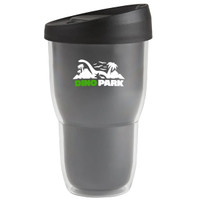 A drink bottle featuring a double wall design, in clear and black, with a logo on the front.
