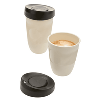 A drink bottle in cream colour with a ribbed design and a black lid, showcasing a coffee beverage inside.